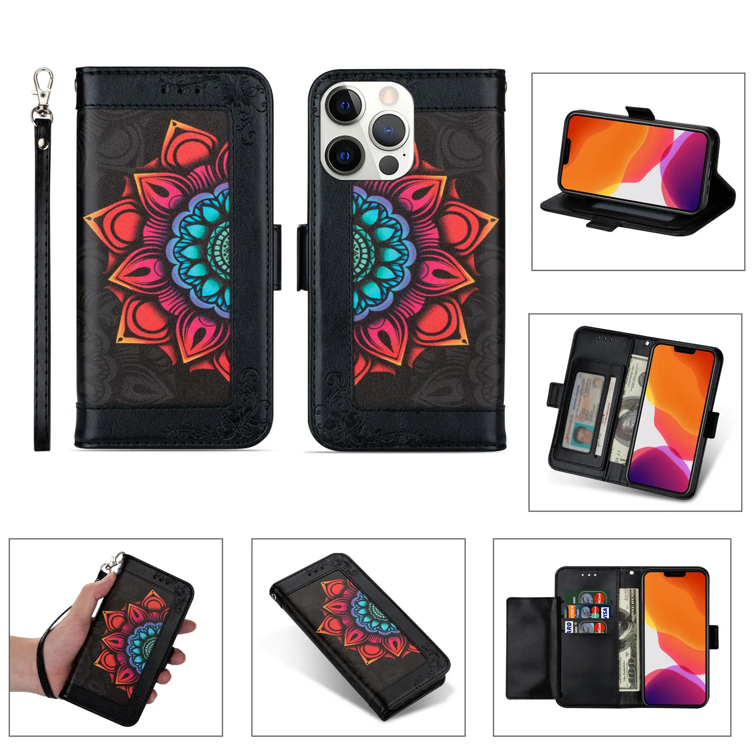

Модный кожаный чехол-кошелек с цветами для Iphone 13 Pro MAX 12 Mini 11 Pro MAX XS XR X 7 8 6 Plus SE 2022, Винтажный чехол с откидной крышкой для карт