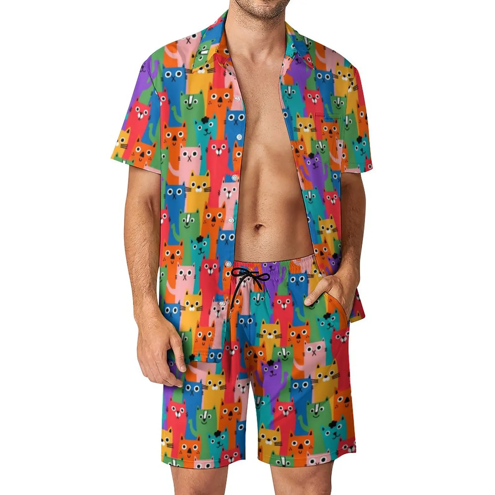 

Colorful Cats Vacation Men Sets Funny Animal Print Casual Shirt Set Summer Shorts 2 Piece Vintage Suit Big Size