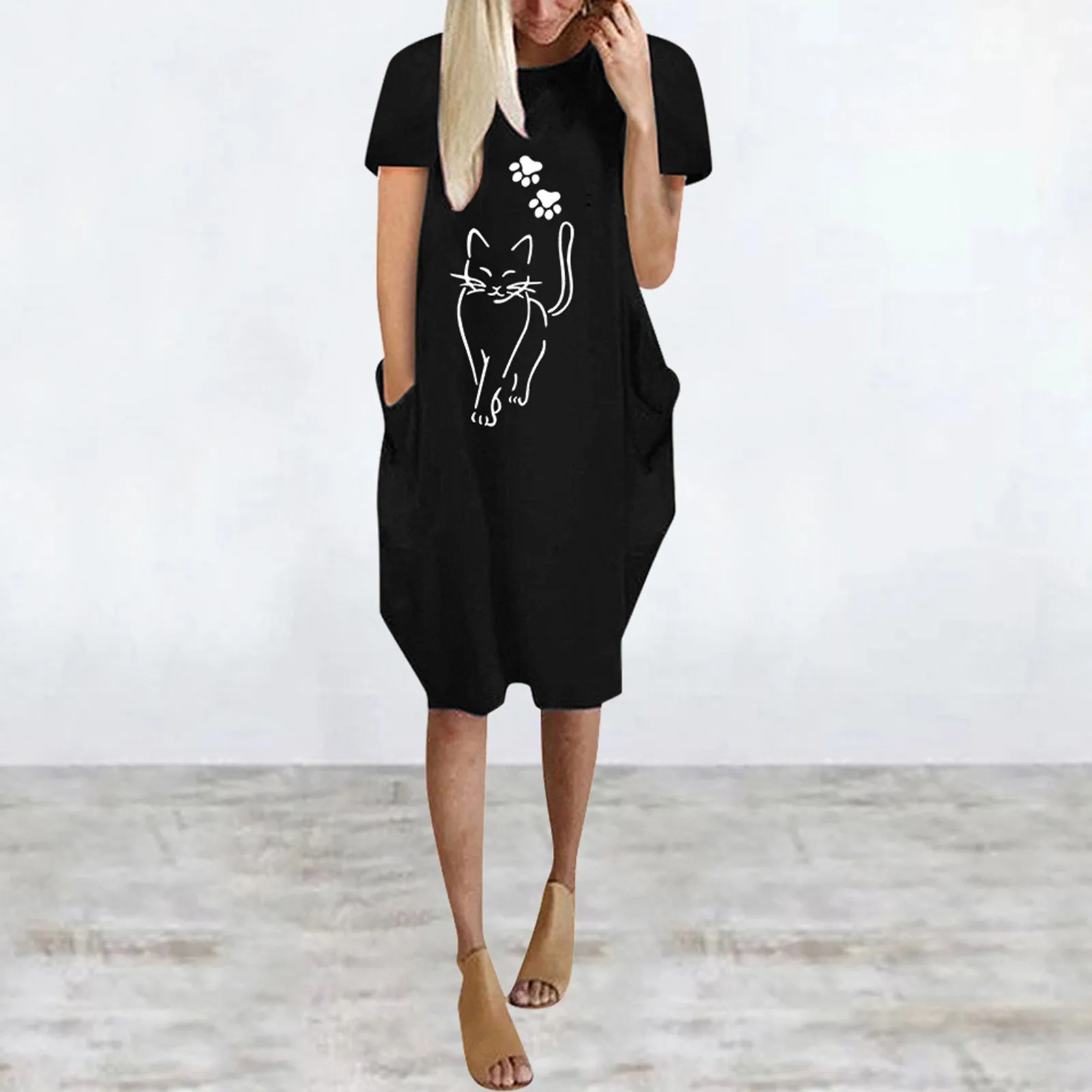 

Cat Printed O Neck Short Sleeve T Shirts Dress Women Summer Vintage Casual Loose Dresses For Women 2022 Elegant Party Dress