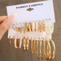 boho big circle hoop earring set for women gold color bohemia vintage pearl square earring heart zircon ear studs jewelry