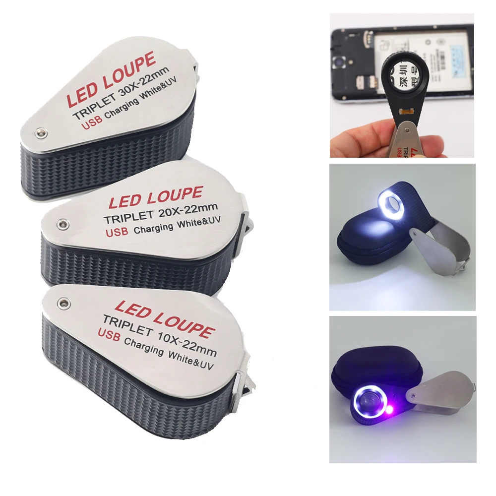

10/20/30X Jewelry Magnifying Glass LED UV Light Achromatic Magnifying Triplet Lens Optical Glass Pocket Magnifier