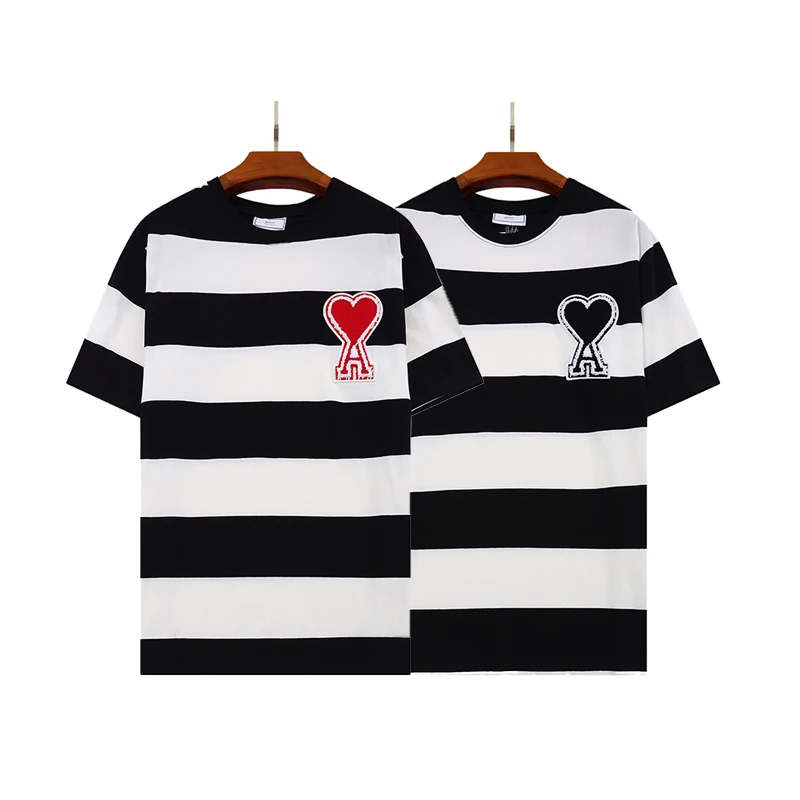 

Ami 2022 Summer New Embroidered High Street Stripe Men's T-shirt Pure Cotton Short Sleeve Collar Fashion T-shirt Men's Clothing