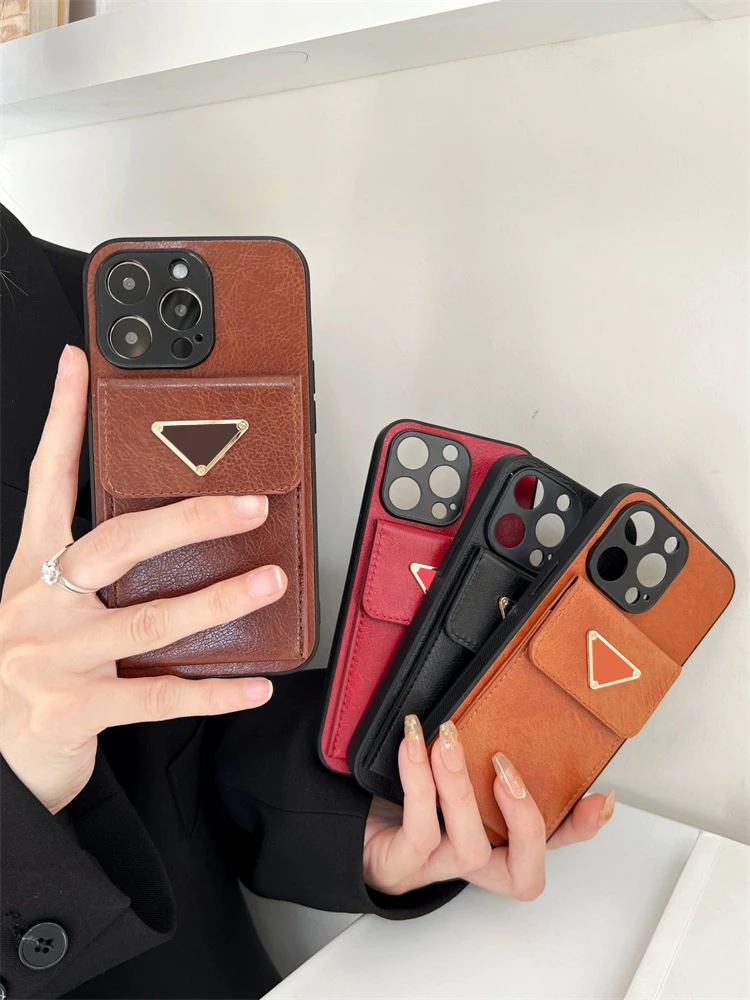 

PD Luxury card holder Brown mobile phone case leather protective case can insert card High-end fashion phone case for iphone