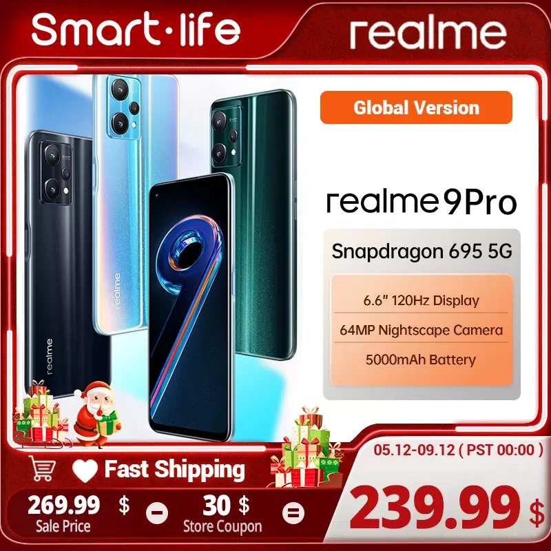 Смартфон глобальная версия realme 9 pro, телефон с экраном 128 дюйма FHD +, процессором Qualcomm Snapdragon 6,6, ОЗУ 8 Гб, ПЗУ 120 ГБ, 695 Гц