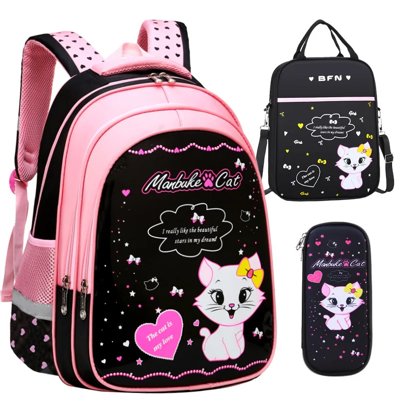 

Детские школьные ранцы для девочек 1-6 классов, школьный портфель с принтом кота, рюкзак для начальной школы с мультипликационным рисунком, Комплект детских школьных рюкзаков
