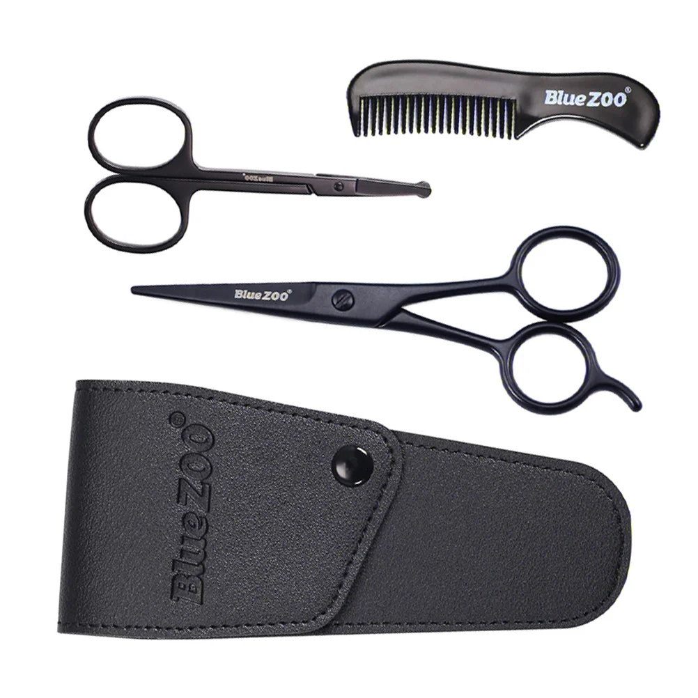 

1 Set of Beard Grooming Kit Men Daily Care Scissors Comb Brush with Storage Bag