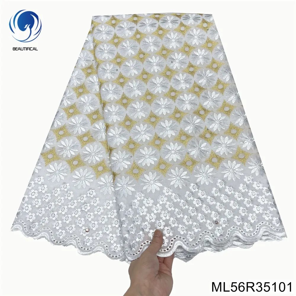 

2023 белая нить и золотая нить, вышитые цветы, нигерийская швейцарская вуаль, кружева, 100% хлопок, для женского платья ML56R351