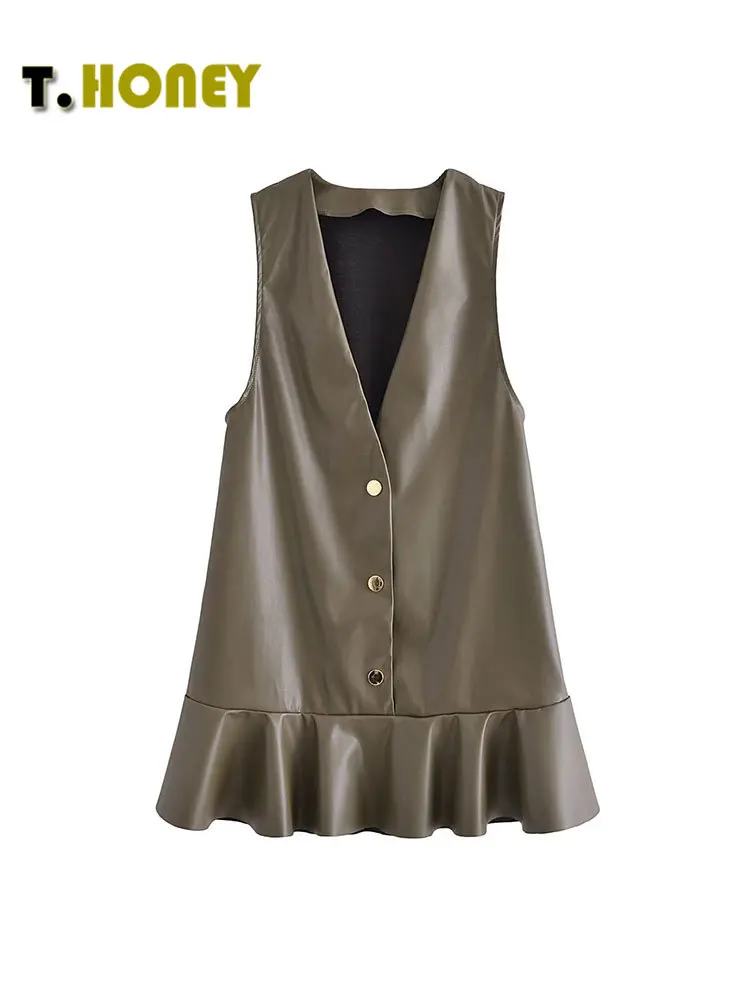 

TELLHONEY Women Fashion Solid Color V-Neck Single Breasted Faux Leather Dress Female Hem Cascading A Line Sleeveless Dresses