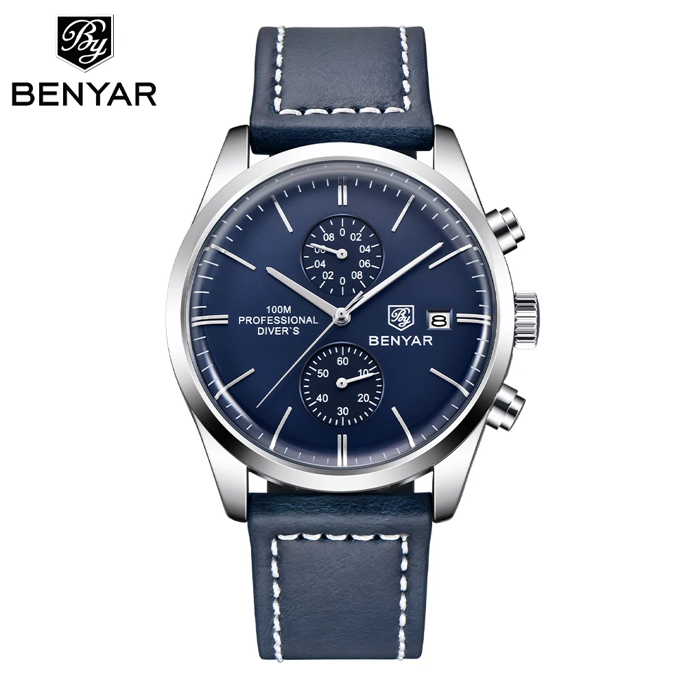 

Часы BENYAR Мужские кварцевые с кожаным ремешком, многофункциональные деловые повседневные водонепроницаемые дизайнерские, с календарем, ...