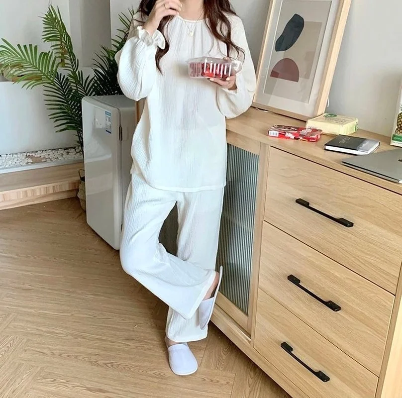 QWEEK Cotton Women's Pajamas Korean Sleepwear Female Set Nightwear Autumn Pijama Long Sleeve Pyjamas Home Suit Nightie Homewear