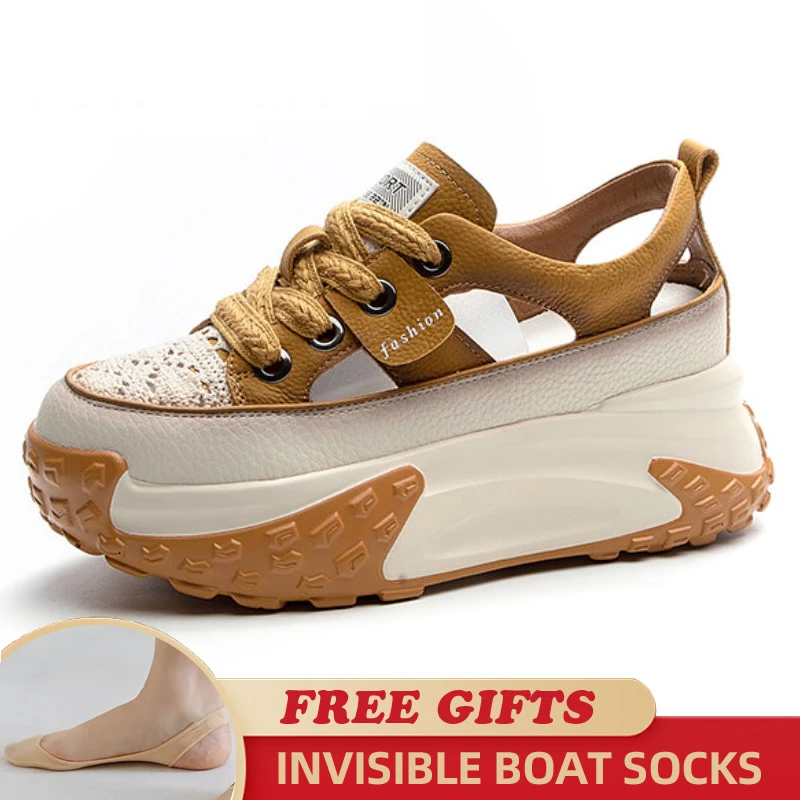 7cm Genuine Leather 2023 Platform Wedge Comfy Fashion Lace Breathable Women Chunky Sneakers Summer Hollow Leisure Female Shoes