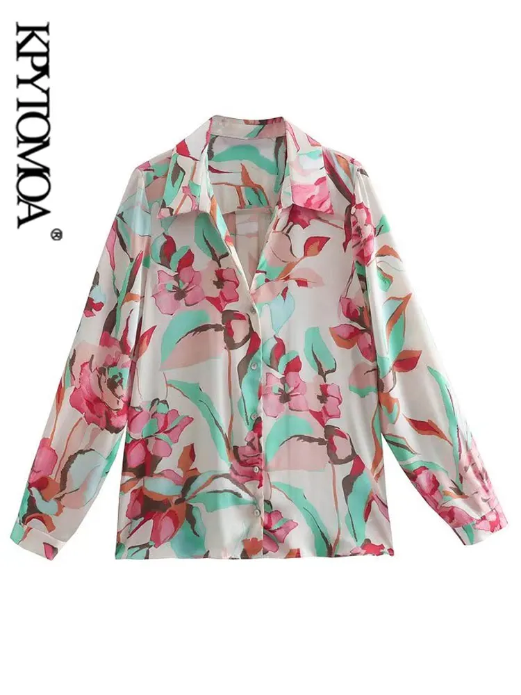 

KPYTOMOA женские модные Атласные Рубашки с цветочным принтом винтажные женские блузки с длинным рукавом на пуговицах блузки шикарные топы