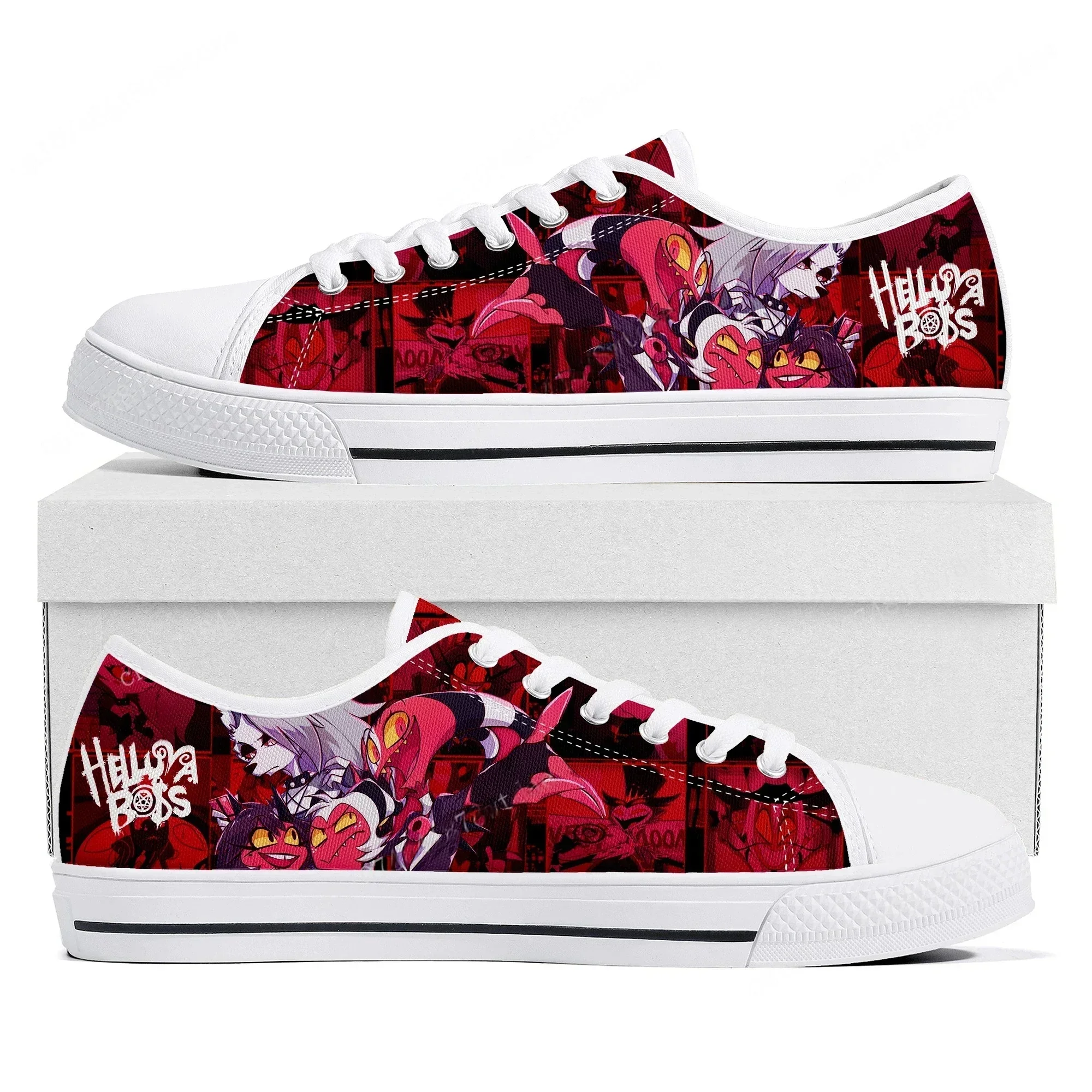 Фото Кроссовки Boss Anime Cartoon Manga Comic Helluva Low Top для женщин, мужчин и подростков, высококачественные кеды из канваса, обувь для пар, изготовленная на заказ №1