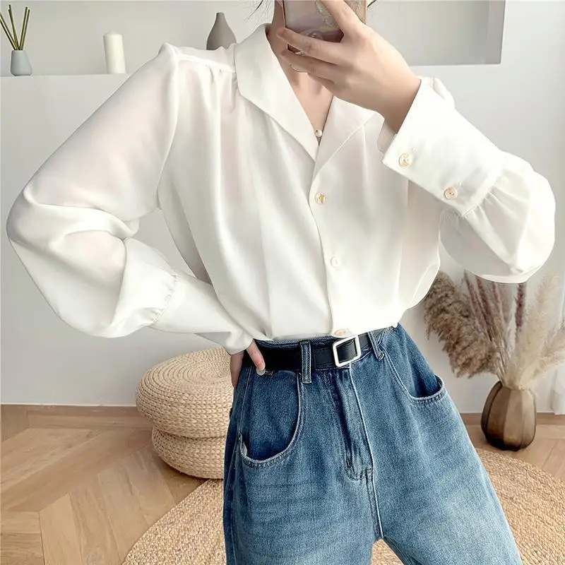 

EBAIHUI White Chiffon Shirt Women's Blouse New 2022 Korean Fashion Top Puff Sleeve Shirts Summer Spring Loose Long Sleeve Shirt
