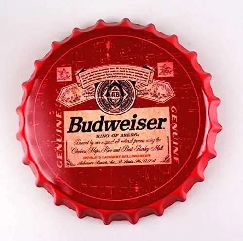 

Budweiser Bottle Caps Metal Tin Signs Cafe Beer Bar Decoration Plat 13.8" Inches Wall Art Plaque Vintage Home Decor