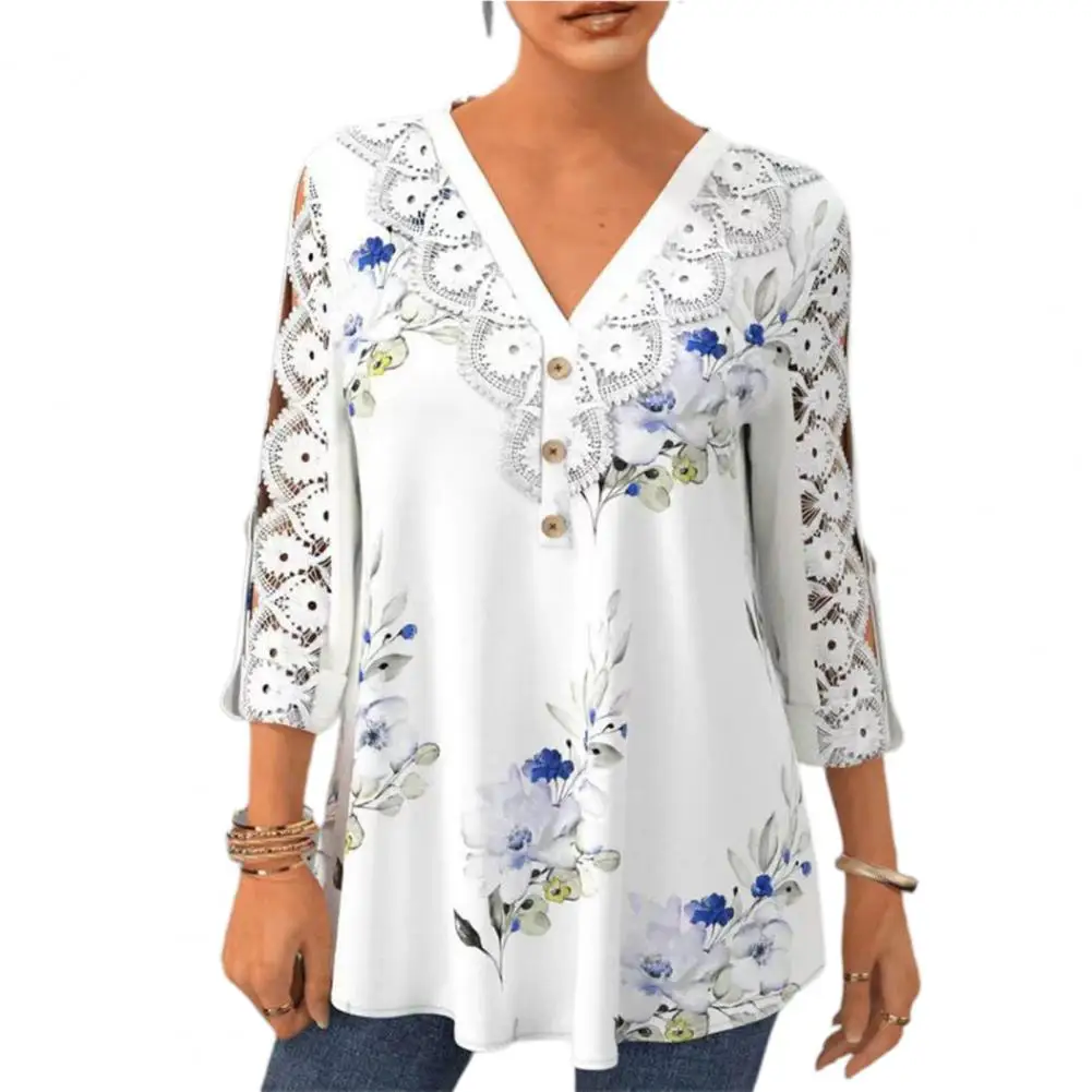 

Summer Women Blouse Lace Floral Print Long Sleeve Shirts Hollow Out Crochet Mid-Length Blouse Loose
