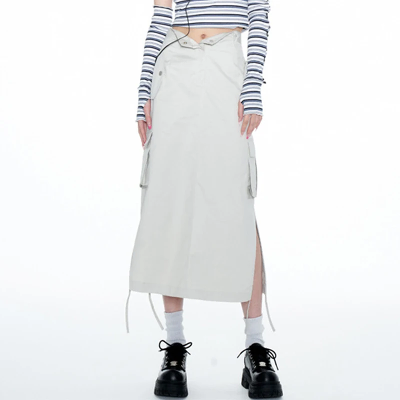 

Korean Fashion Preppy Retro Split Long Skirts Women Vintage High Waist Cargo Skirt with Pockets Y2K Harajuku Grunge Streetwear