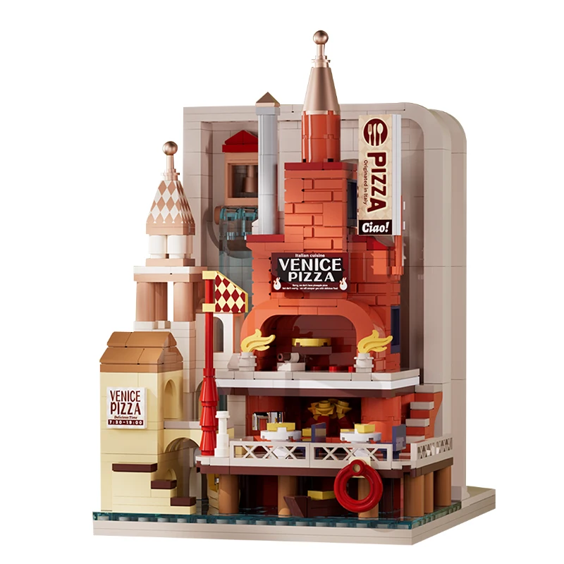 Городской вид на улицу магазин кирпичей лапша пицца десерт архитектура