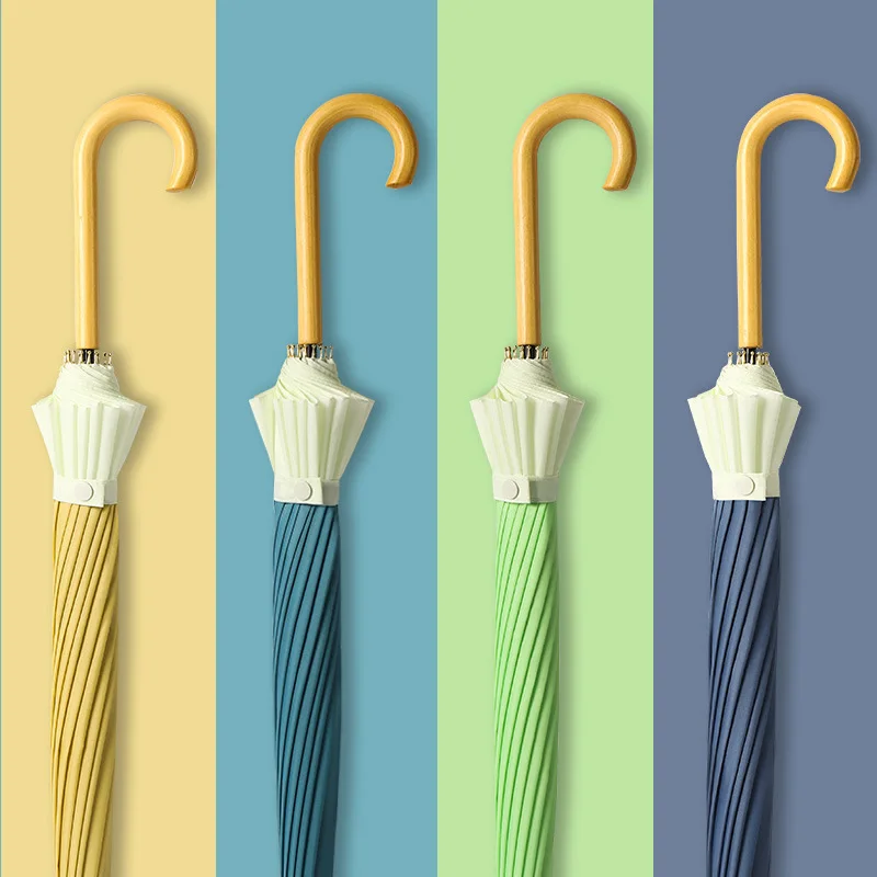 

Windproof Umbrella Small Fresh 16 Bone Long Handle Hook Straight Rod Wooden Handle Fiber Bone Men And Women Umbrella