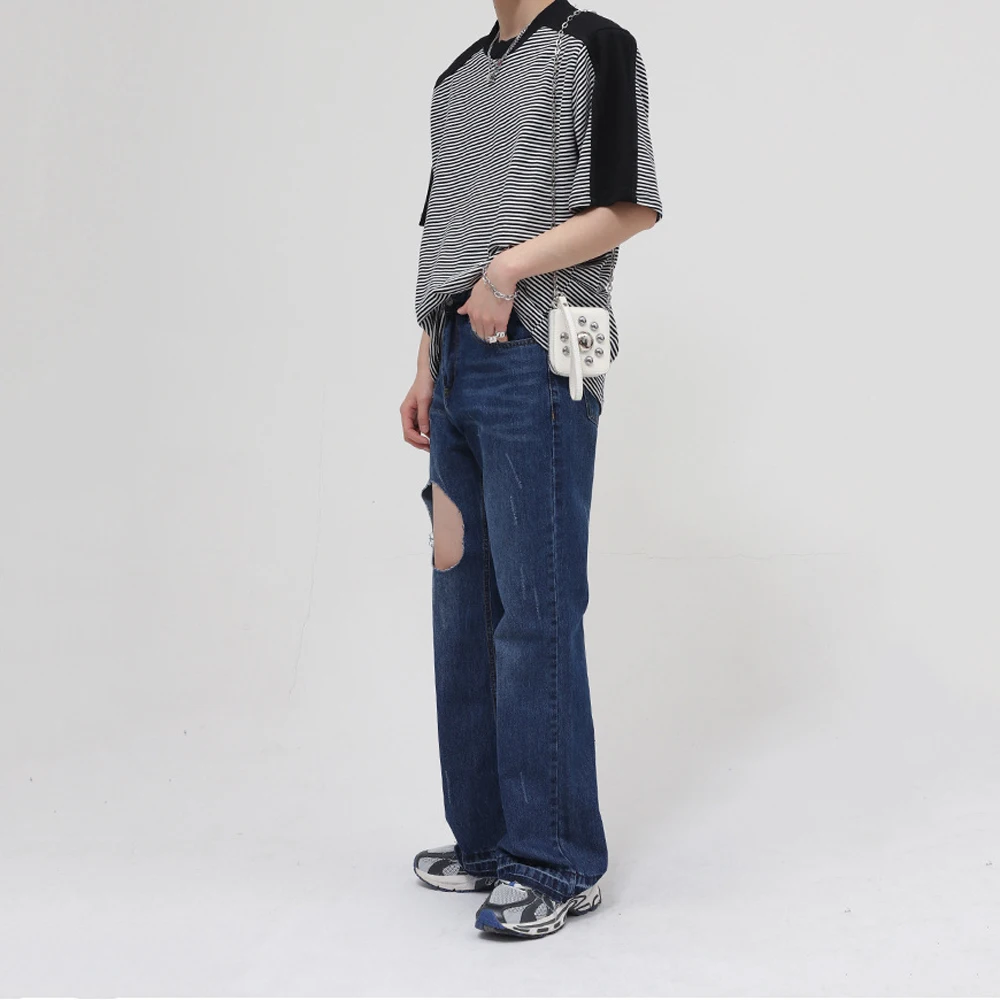 Four Seasons Men's Jeans Blue Hollow Hollow Loose Straight Raw Edge Horn Retro Trend Hip Hop Jeans Streetwear Ins Hot Sale JEANS