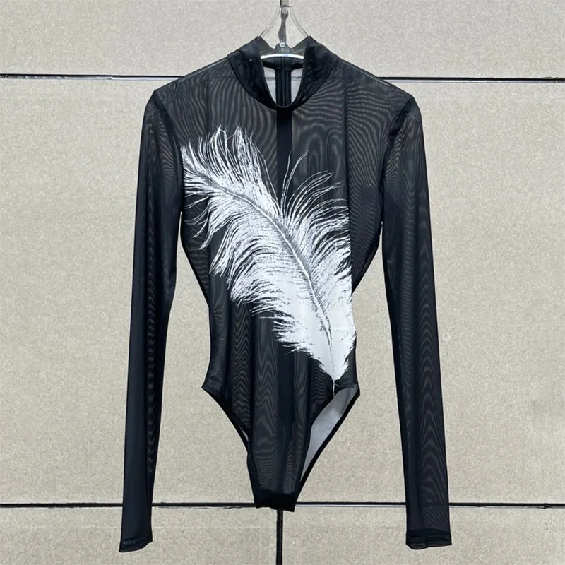 Женское боди 2024 осенняя новая мода с принтом перьев женские сексуальные