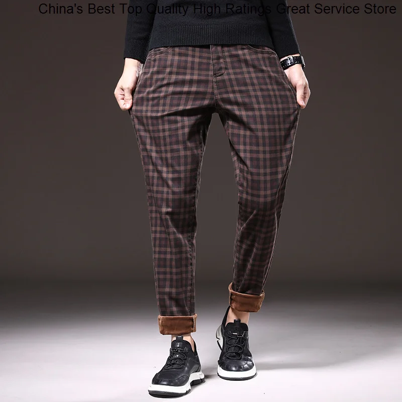 

Casual Warm Fleece Winter Men's Trousers Classic Plaid Solid Color High Quality Cotton Korean Style Suit Pants Male Plus Size