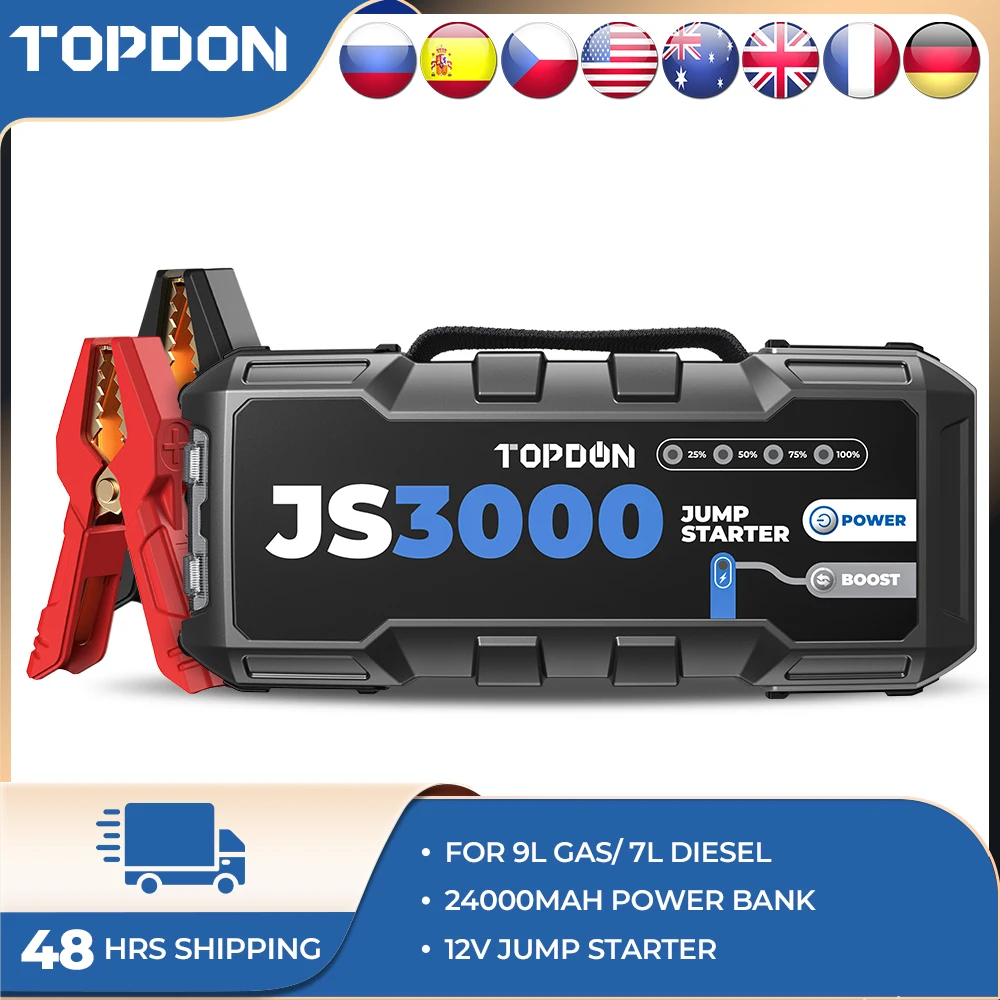 

Topdon JS3000 3000A Автомобильный стартер Power Bank 12 В Автомобильное пусковое устройство 24000 мАч Батарея Jump Start для автомобиля Booster