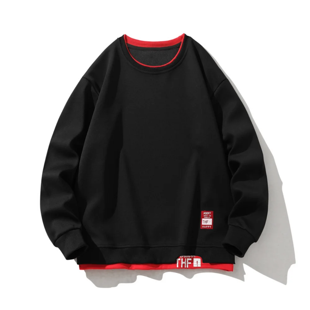 Covrlge Men's Sweatshirt O-neck Loose Fake Two-piece Pullover Simple Casual Long-sleeved Shirt Trade Fashion Men Clothing MWW434