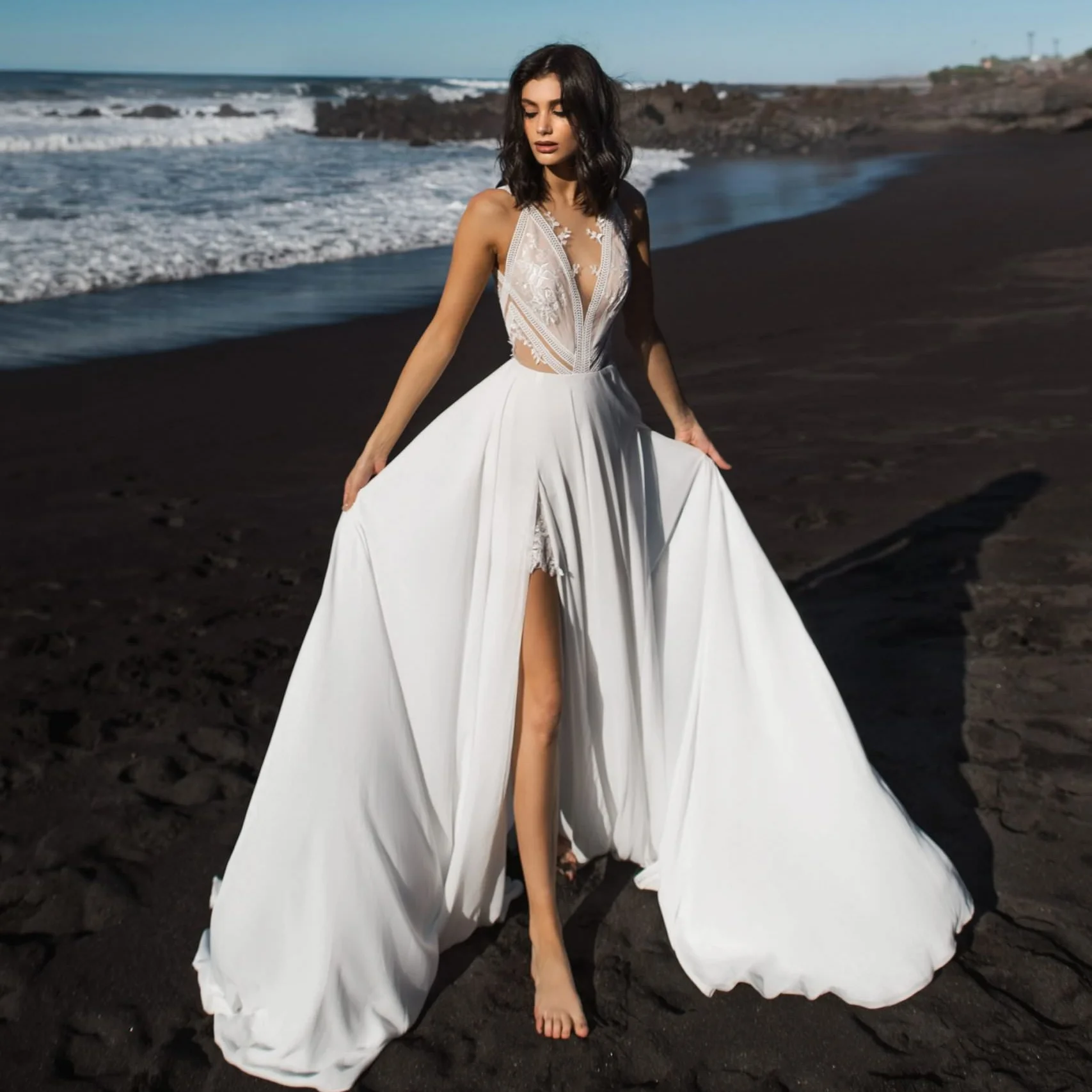 

Женское свадебное платье It's yiiya, белое кружевное платье с открытой спиной и высоким разрезом на лето 2022