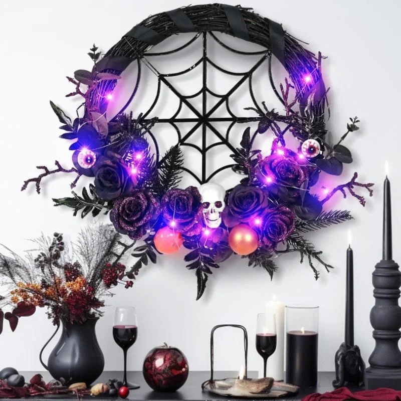 

Halloween Party Wreath Wall Hanging Decor LED Light Simulation Branch Rose Flower Scary Eyeball Spider Skull Skeleton Garland