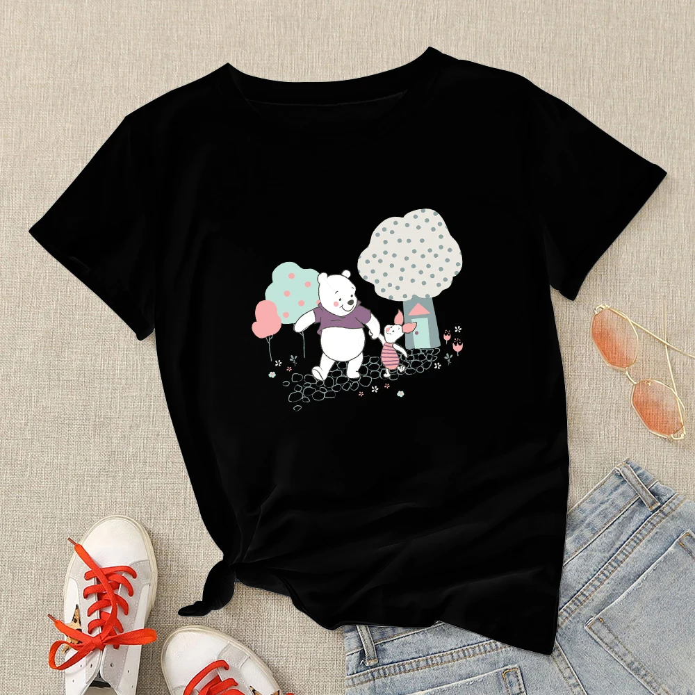Disney Winnie The Pooh Piglet Print Black T Shirt Women Spain Dropshipping Ropa Aesthetic Tumblr Mujer Short Sleeve Summer 2022