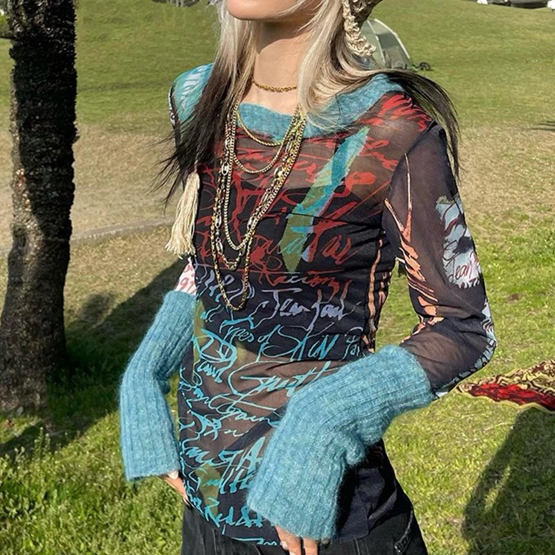 

Y2k гранж Ретро сетка 90-х эстетические футболки уличная одежда готический Графический лоскутный Топ женские панк сексуальные Harajuku Transprent фут...