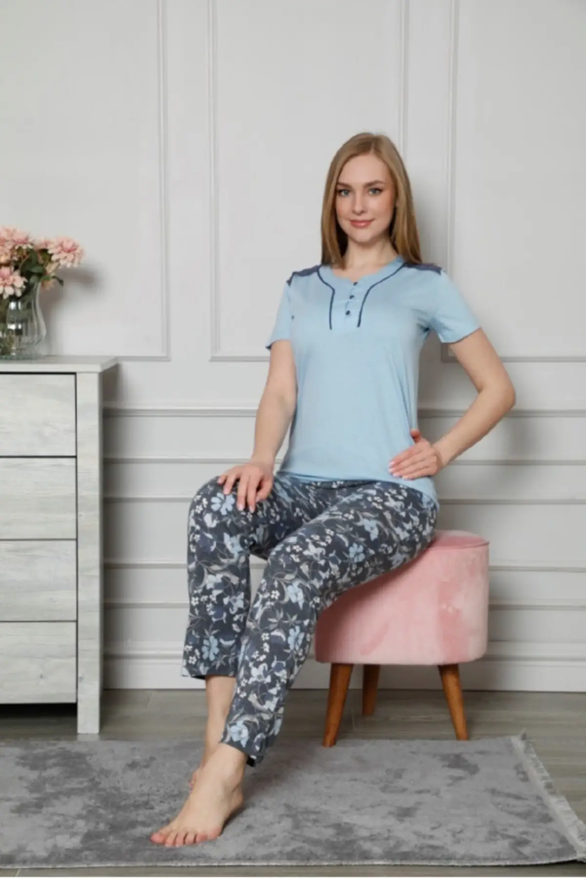 

Women's Pajamas Short Sleeve, 100% Cotton, Pockets, 3 Buttons On The Front, Sleep Lounge Nightwear Sleepwear