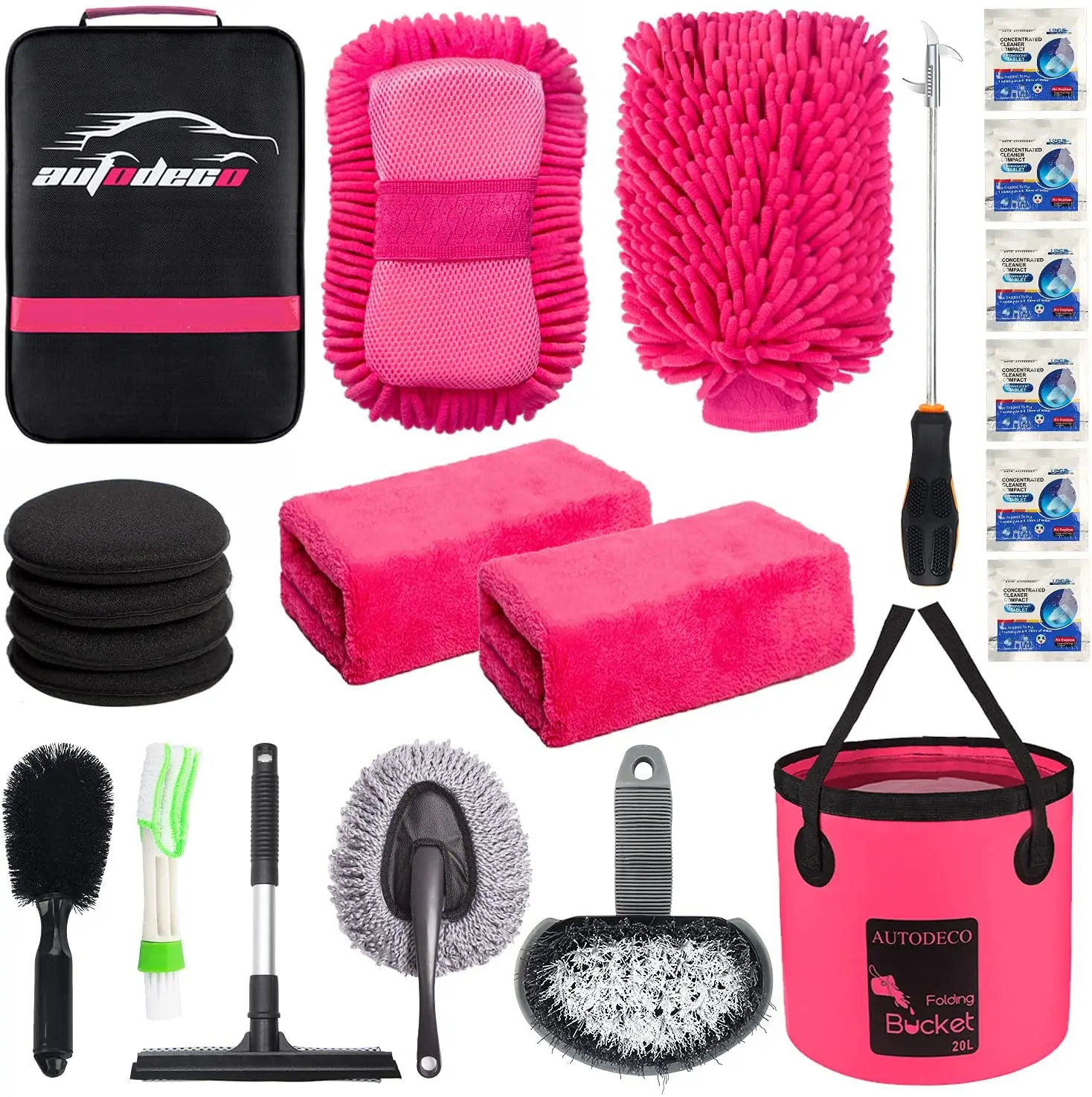 

22Pcs Pink Car Wash Cleaning Tools Kit Detailing Set with Black Canvas Bag Collapsible Bucket Wash Mitt Sponge Towels Tire