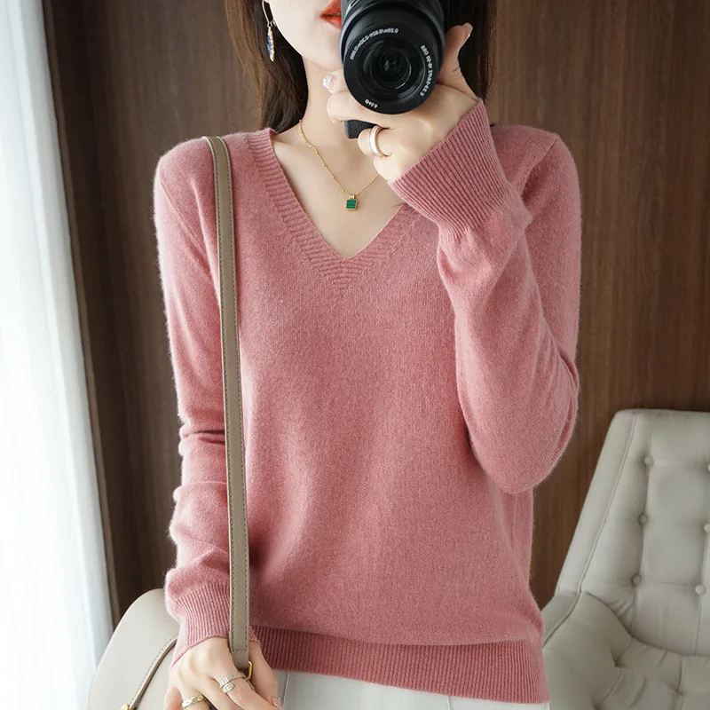 

Spring and Autumn Thin V-Neck Long Sleeve Knitwear Women's Loose Sweater Versatile Short Pullover Sweater Undercoat