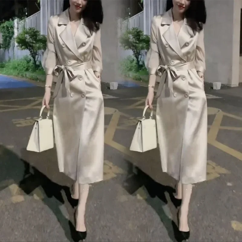 Autumn New Women's Clothing Chic Trench Dress Champagne Color Satin French Style Long Trendy Fashion Female Apparel