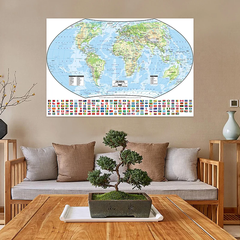 

The World Hammer Projection Map With National Flags Non-woven Foldable World Map For Research