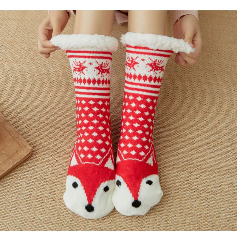 

Winter Warm Plush Bedroom Silicone Non-slip Women's Fuzzy Socks Soft Female Sleeping Floor Sock Women Socks Cartoon Fox Socks
