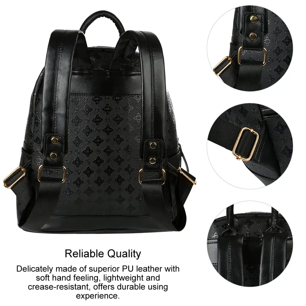 Women Backpack 2 in 1 PU Leather Shoulders Bag Chic School Bags Portable Travel Daypack with Hanging Pouch, Black