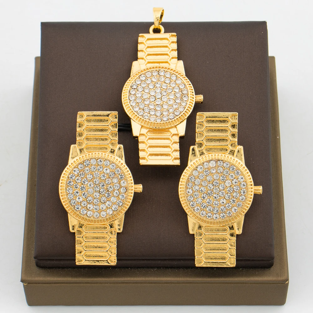 

Luxury Earrings and Pendant Jewelry Set Statement Design Shine Stone Earrings with Chain Necklace Gold Plated Copper Jewelry Set