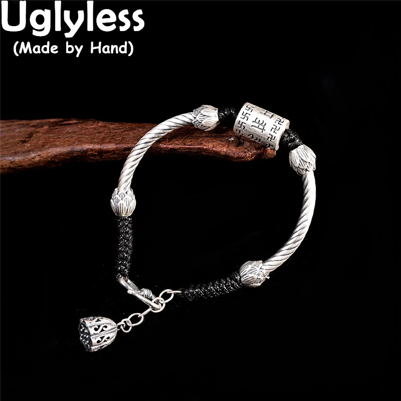 

Uglyless Spinning Buddhism 6-Word Mantra Bracelets for Women Real 999 Full Silver Lotus Rope Bracelets Religious Gifts Jewelry