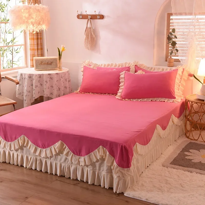 

Комплект постельного белья в Корейском стиле принцессы, мягкий утепленный пододеяльник, простыня, юбка и наволочки, удобное розовое удобное покрывало с милым бантом для девушек