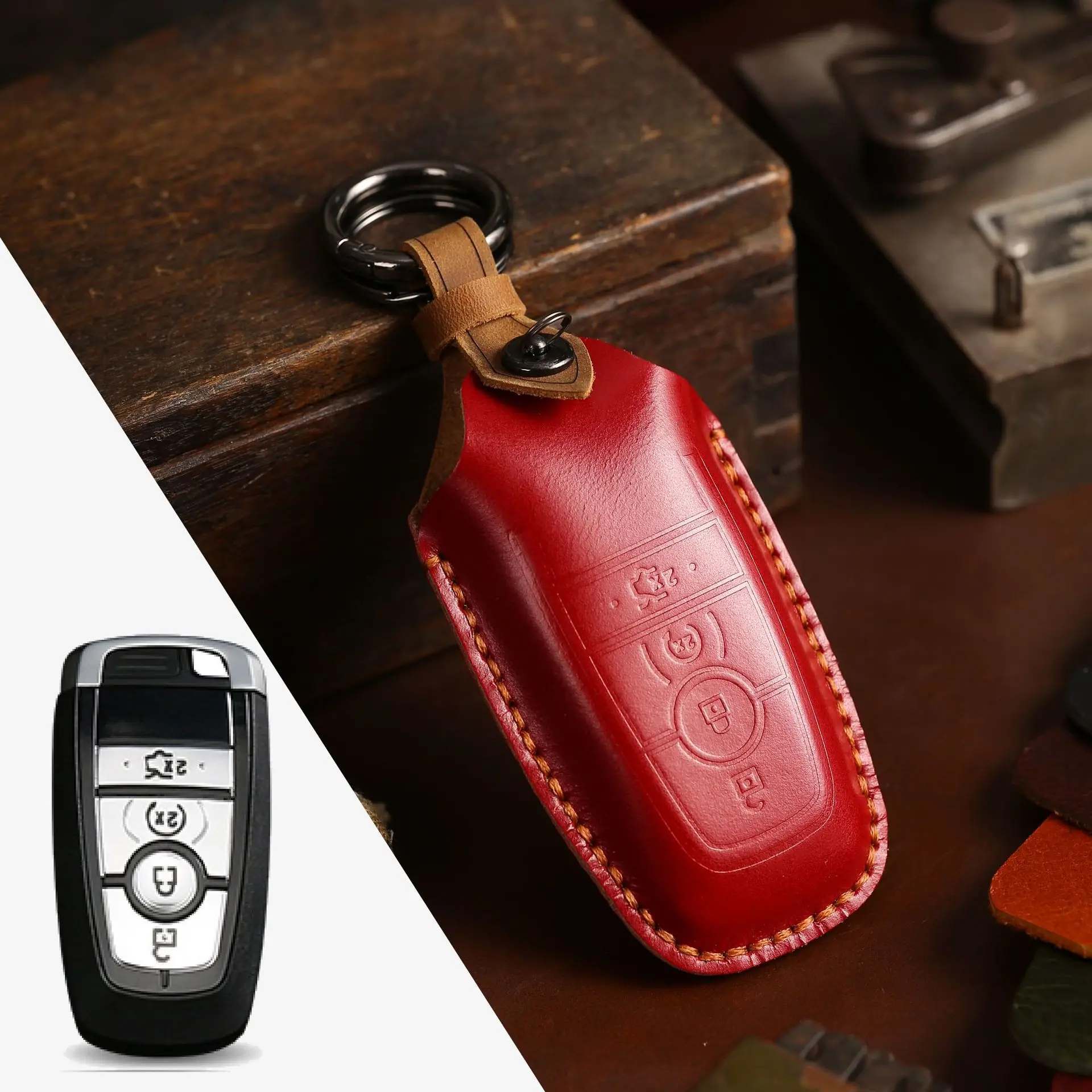 

Crazy Horse Leather Car Key Case for 2018 2019 Ford Fusion F150 F250 F350 F450 F550 Edge Explorer Escape Mustang