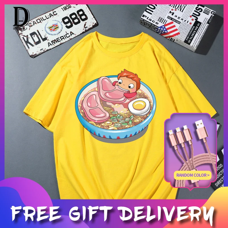 

2022 Japan Harajuku Style Cartoon Ramen Pattern T-shirt Women Summer Casual Cotton Printed Shirt Men Oversized Women's Tops