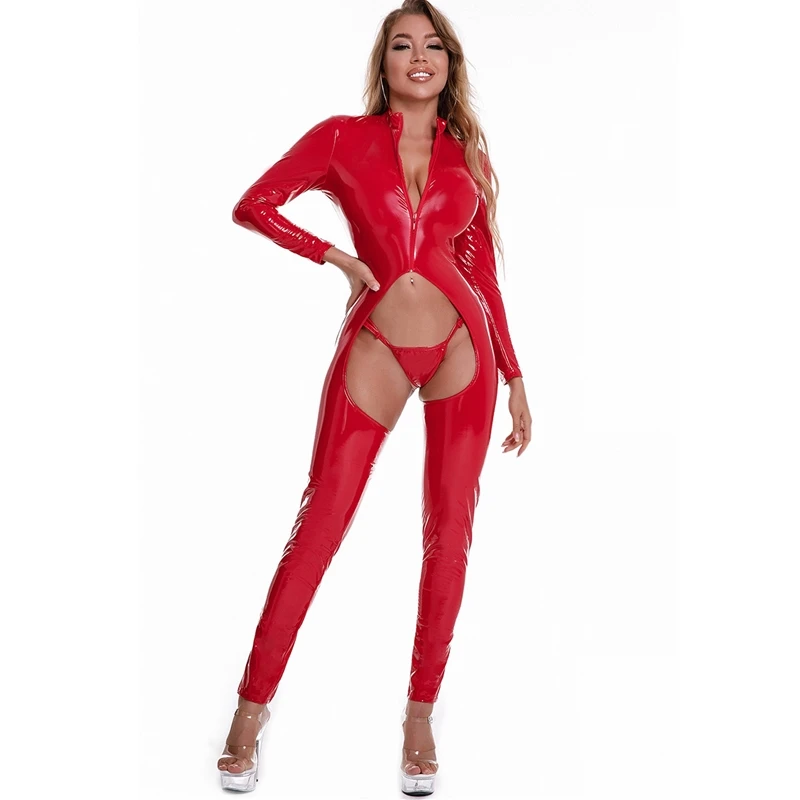 

Комбинезоны женские блестящие боди «ПВХ» с открытой промежностью