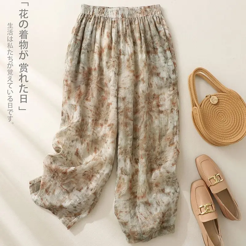 

Женские брюки до щиколотки с винтажным принтом, Свободные повседневные брюки с широкими штанинами и эластичным поясом, P574, лето 2023