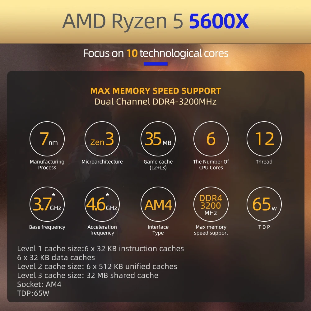 Процессор AMD Ryzen 5 5600X для ПК центральный процессор компьютера 6 ядер 12 нитей 65 Вт L3 =