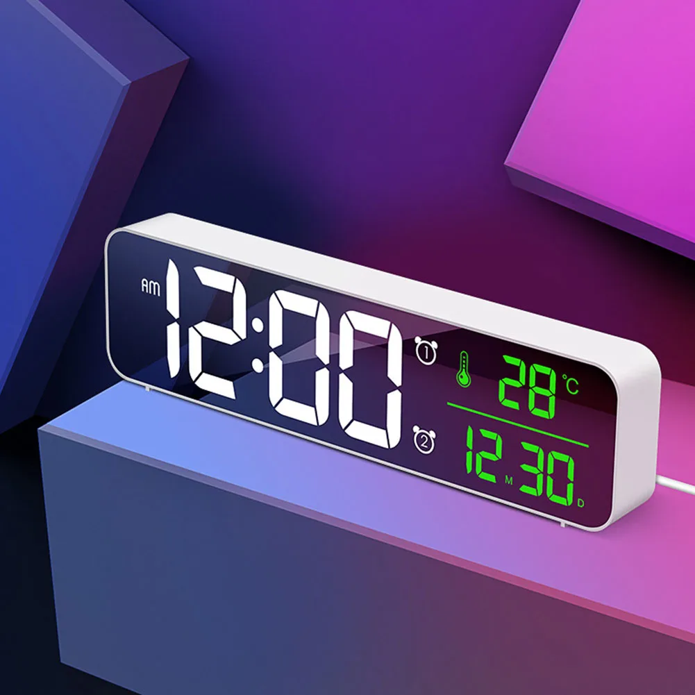 

LED Digital Alarm Clock Snooze Temperature Date Display USB Desktop Strip Mirror LED Clocks For Living Room Decoration