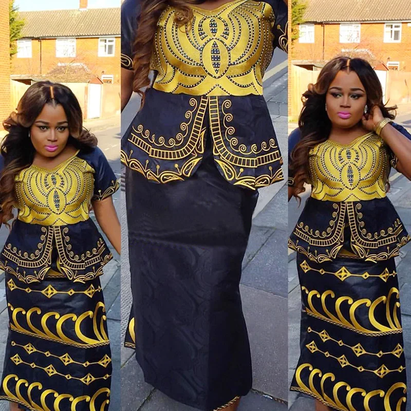 

African New Design Bazin Embroidery Dresses Short Rapper With Scarf Three Pcs One Set