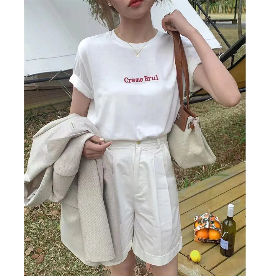 

Summer 2022 New Korean Simple Solid Color Letter Print Short Sleeve Loose Casual T-shirt Women's Top